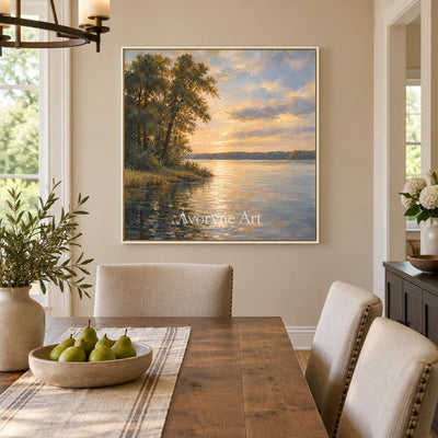 Dusk Canopy: Impressionist Golden Lake Wall Art — dining white