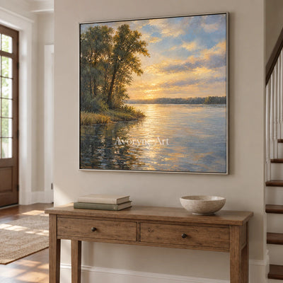 Dusk Canopy: Impressionist Golden Lake Wall Art — entry silver