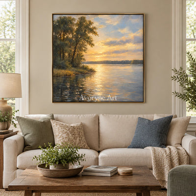 Dusk Canopy: Impressionist Golden Lake Wall Art — living gold
