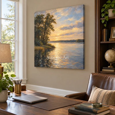 Dusk Canopy: Impressionist Golden Lake Wall Art — office frameless
