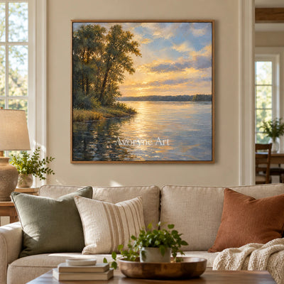 Dusk Canopy: Impressionist Golden Lake Wall Art — villa wood