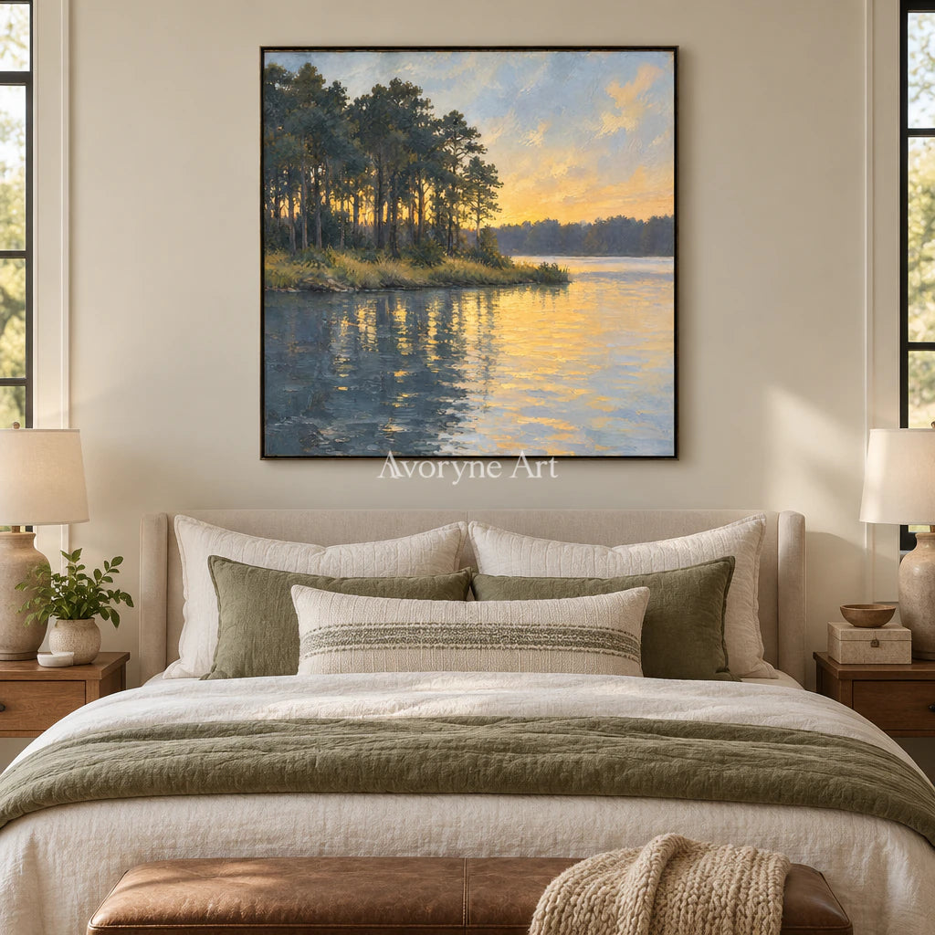 Pine Afterglow: Impressionist Golden Lake Wall Art — bedroom black