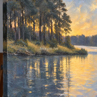Pine Afterglow: Impressionist Golden Lake Wall Art — detail easel