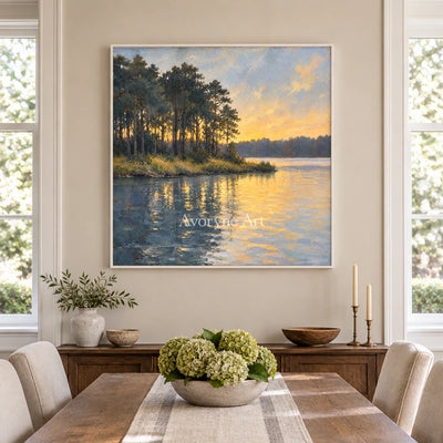 Pine Afterglow: Impressionist Golden Lake Wall Art — dining white