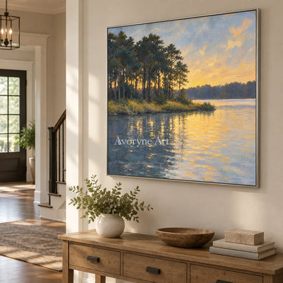 Pine Afterglow: Impressionist Golden Lake Wall Art — entry silver