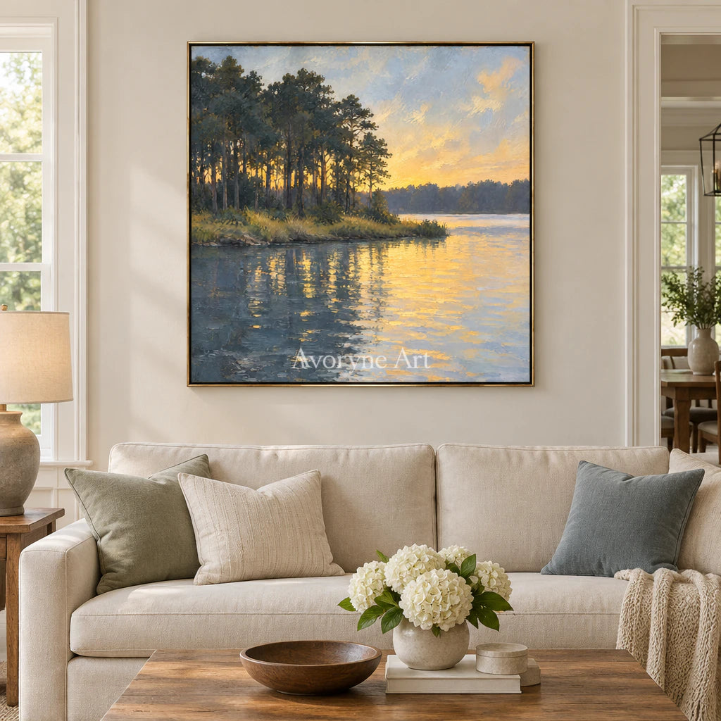 Pine Afterglow: Impressionist Golden Lake Wall Art — living gold