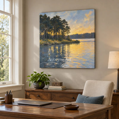 Pine Afterglow: Impressionist Golden Lake Wall Art — office frameless