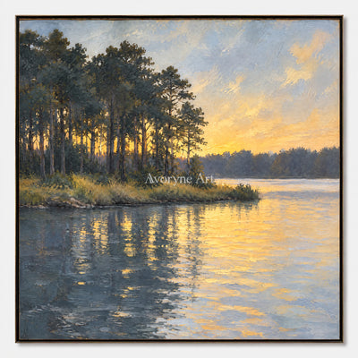 Pine Afterglow: Impressionist Golden Lake Wall Art — primary