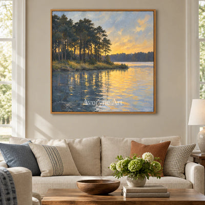Pine Afterglow: Impressionist Golden Lake Wall Art — villa wood