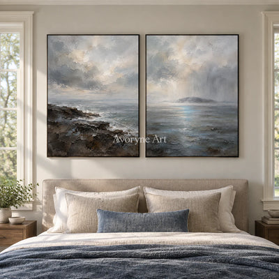 Sea Veil: Impressionist Gray Coastal Diptych Wall Art — bedroom black