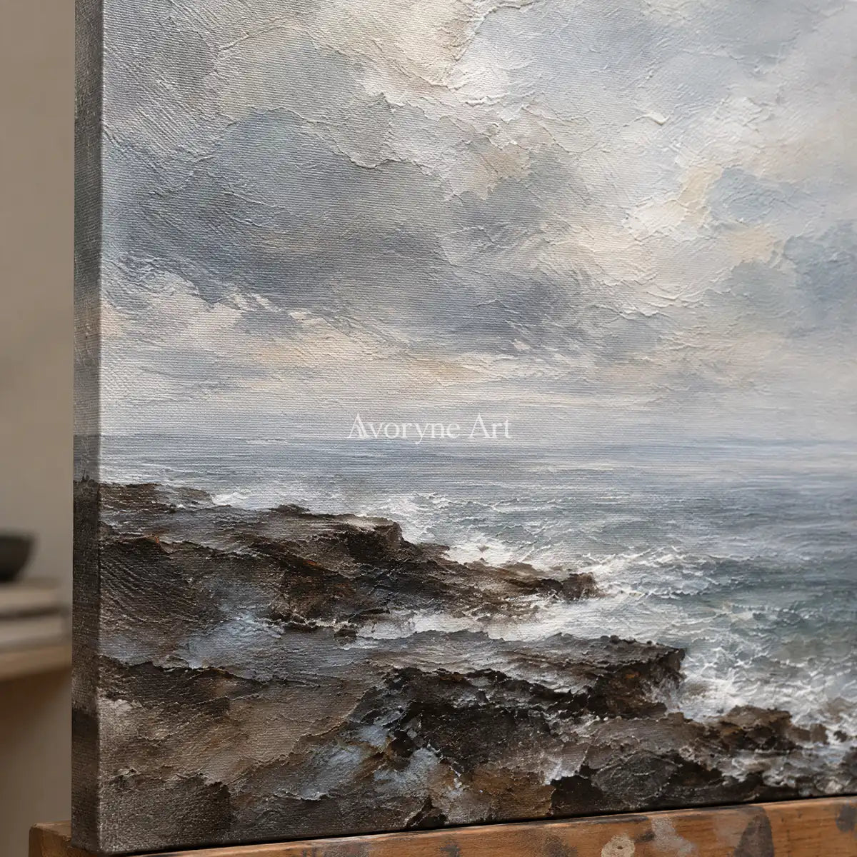 Sea Veil: Impressionist Gray Coastal Diptych Wall Art — detail easel