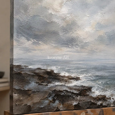 Sea Veil: Impressionist Gray Coastal Diptych Wall Art — detail easel