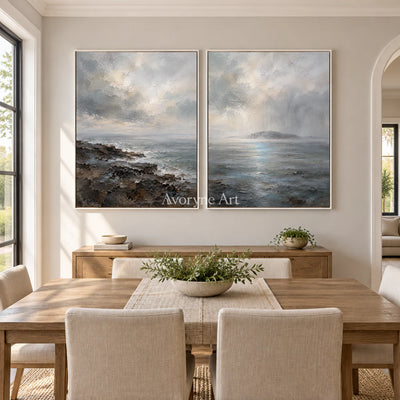 Sea Veil: Impressionist Gray Coastal Diptych Wall Art — dining white