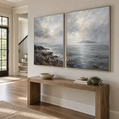 Sea Veil: Impressionist Gray Coastal Diptych Wall Art — entry silver