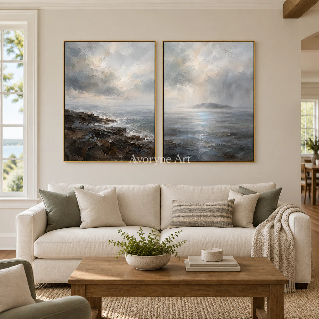 Sea Veil: Impressionist Gray Coastal Diptych Wall Art — living gold