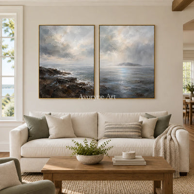 Sea Veil: Impressionist Gray Coastal Diptych Wall Art — living gold