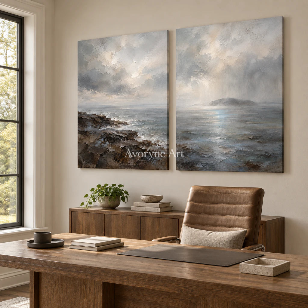 Sea Veil: Impressionist Gray Coastal Diptych Wall Art — office frameless