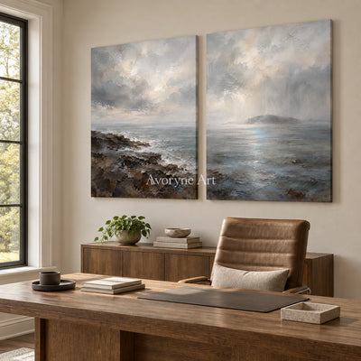 Sea Veil: Impressionist Gray Coastal Diptych Wall Art — office frameless