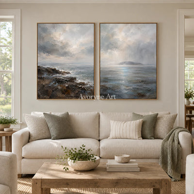Sea Veil: Impressionist Gray Coastal Diptych Wall Art — villa wood