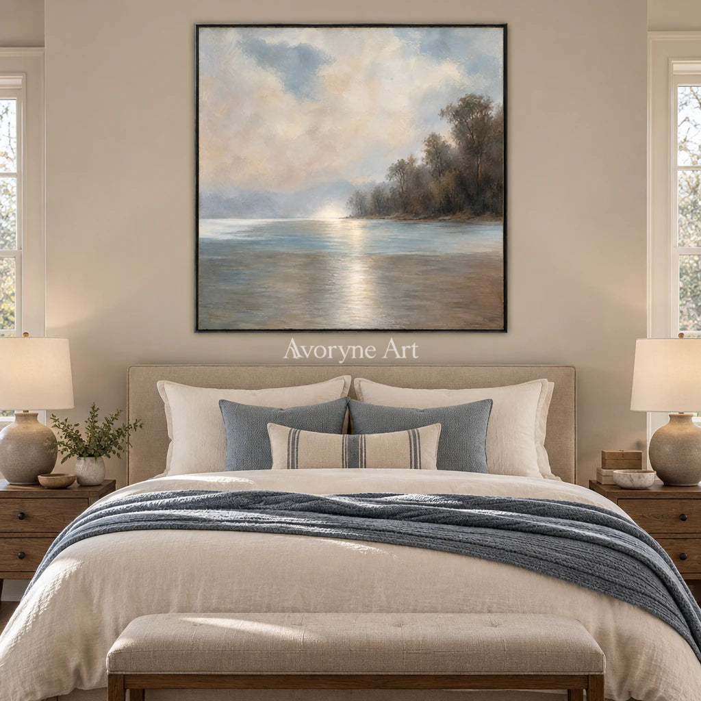 Cloudbank Quiet: Impressionist Gray Lake Wall Art — bedroom black