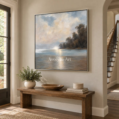 Cloudbank Quiet: Impressionist Gray Lake Wall Art — entry silver