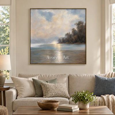 Cloudbank Quiet: Impressionist Gray Lake Wall Art — living gold