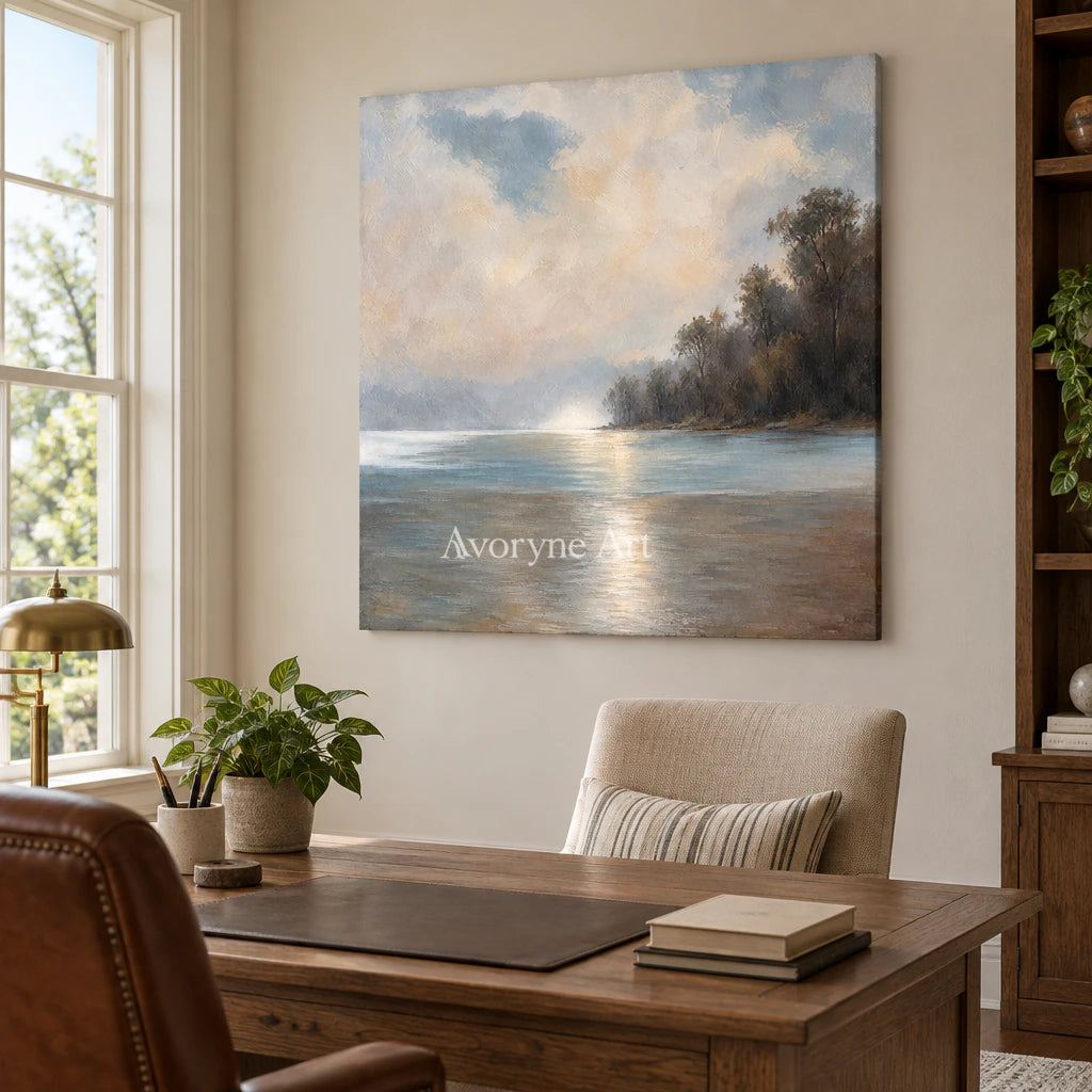 Cloudbank Quiet: Impressionist Gray Lake Wall Art — office frameless