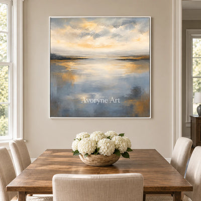 Evening Mirror: Impressionist Gray Lake Wall Art — dining white