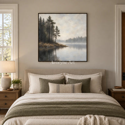 Pine Hush: Impressionist Gray Misty Lake Wall Art — bedroom black
