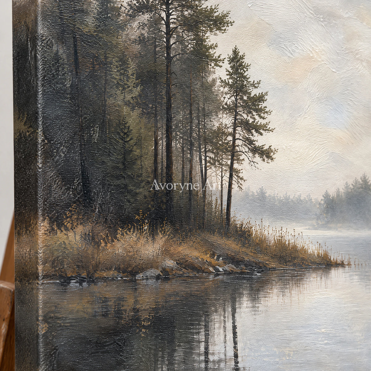Pine Hush: Impressionist Gray Misty Lake Wall Art — detail easel