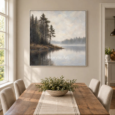 Pine Hush: Impressionist Gray Misty Lake Wall Art — dining white