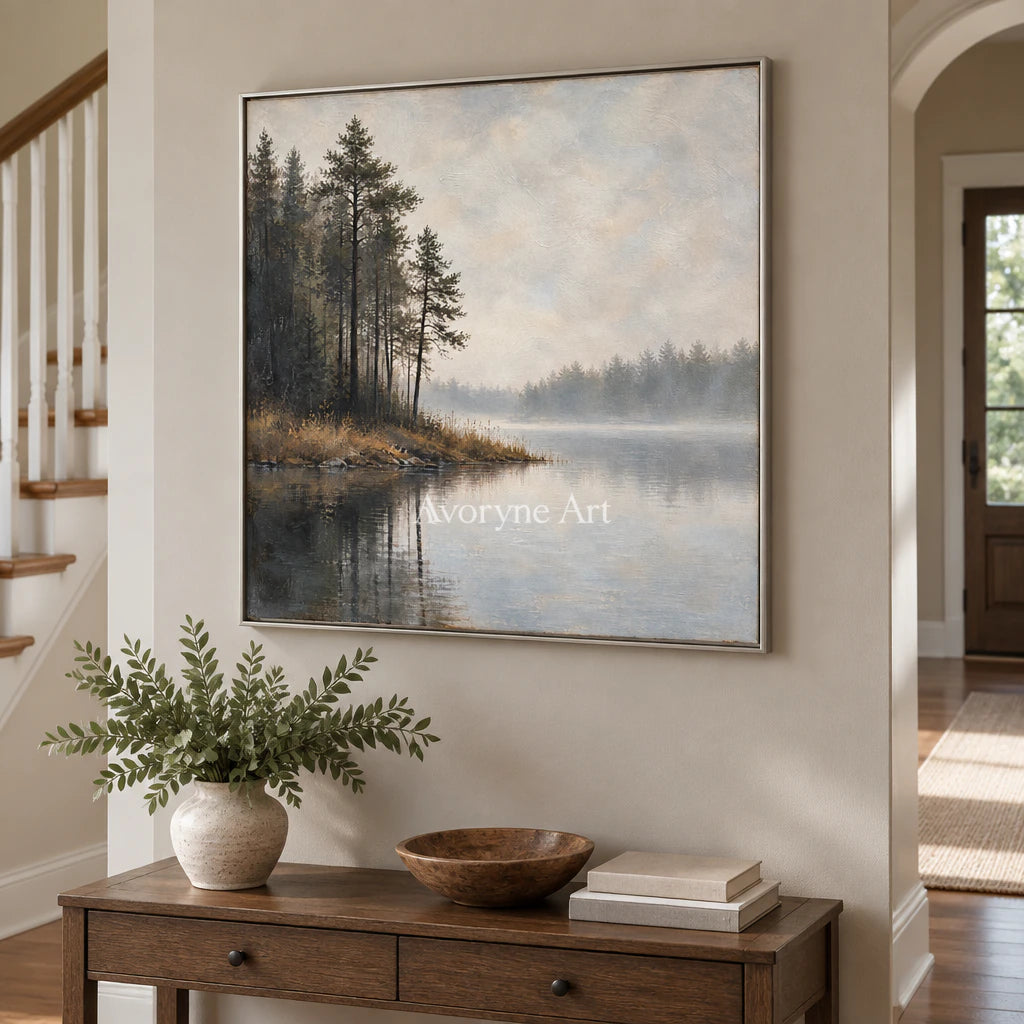 Pine Hush: Impressionist Gray Misty Lake Wall Art — entry silver