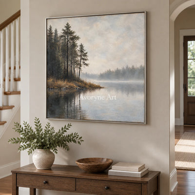 Pine Hush: Impressionist Gray Misty Lake Wall Art — entry silver