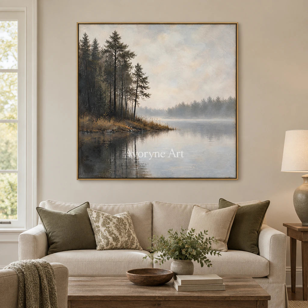 Pine Hush: Impressionist Gray Misty Lake Wall Art — living gold