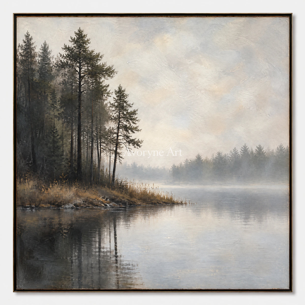 Pine Hush: Impressionist Gray Misty Lake Wall Art — primary