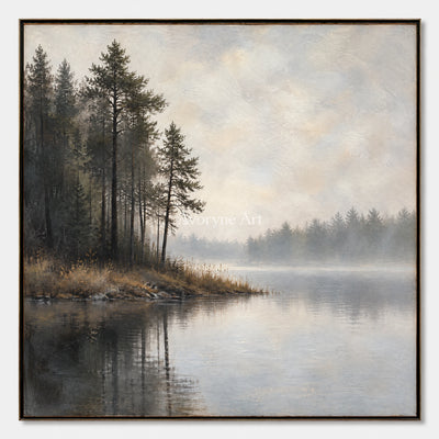 Pine Hush: Impressionist Gray Misty Lake Wall Art — primary