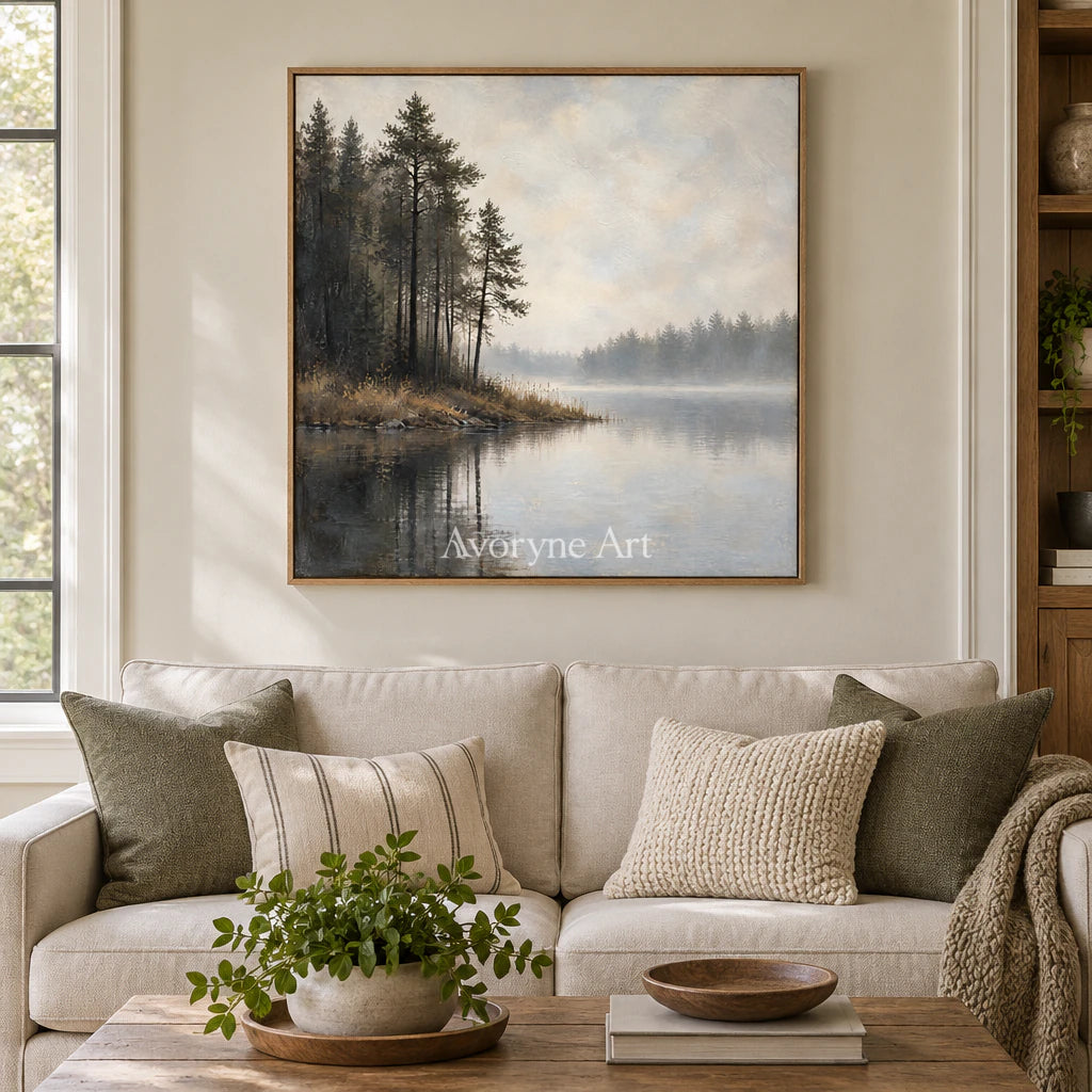 Pine Hush: Impressionist Gray Misty Lake Wall Art — villa wood