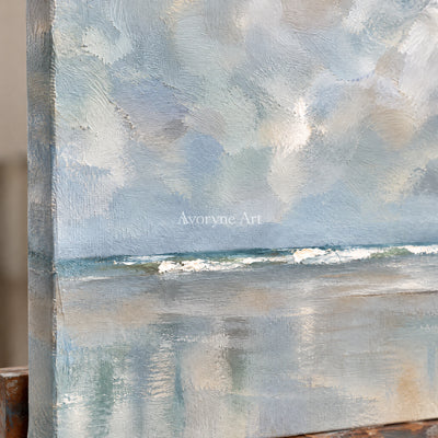 Clouded Shore: Impressionist Gray Seascape Wall Art — detail easel