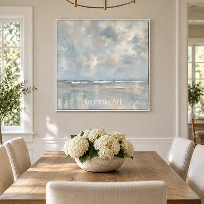 Clouded Shore: Impressionist Gray Seascape Wall Art — dining white