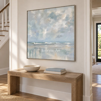 Clouded Shore: Impressionist Gray Seascape Wall Art — entry silver