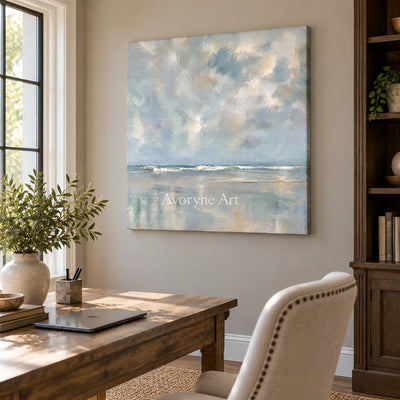 Clouded Shore: Impressionist Gray Seascape Wall Art — office frameless