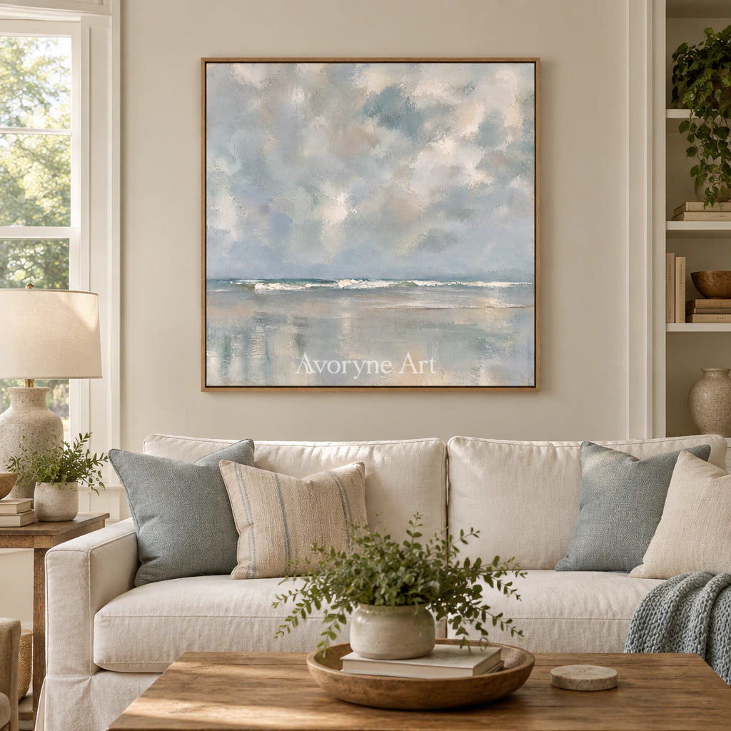 Clouded Shore: Impressionist Gray Seascape Wall Art — villa wood