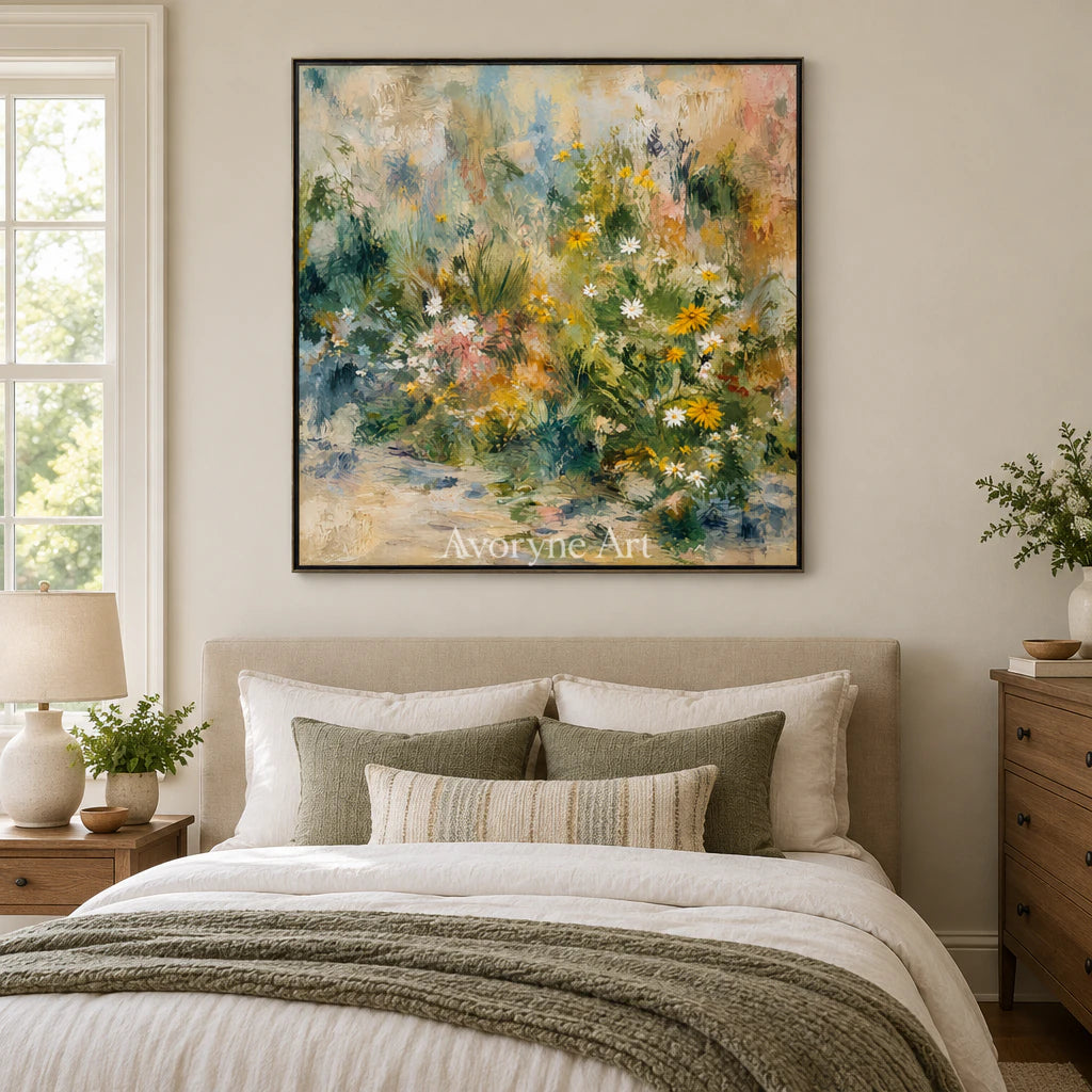 Meadow Murmur: Impressionist Green Garden Wall Art — bedroom black