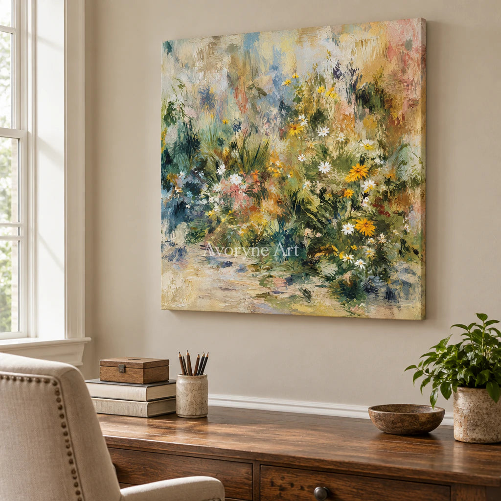 Meadow Murmur: Impressionist Green Garden Wall Art — office frameless