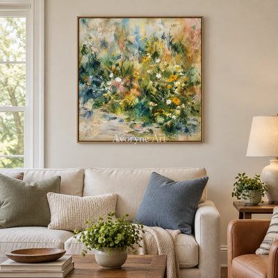 Meadow Murmur: Impressionist Green Garden Wall Art — villa wood