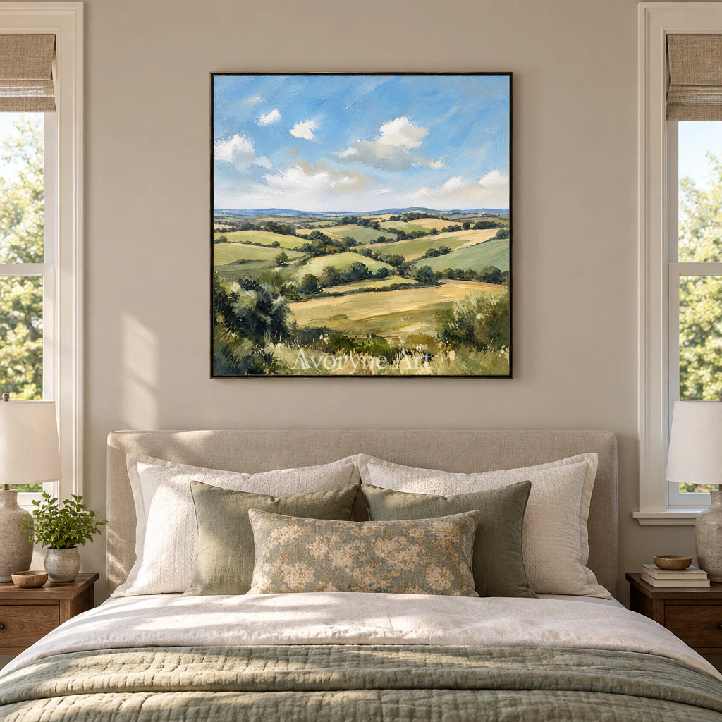 Summer Acre: Impressionist Green Landscape Wall Art — bedroom black