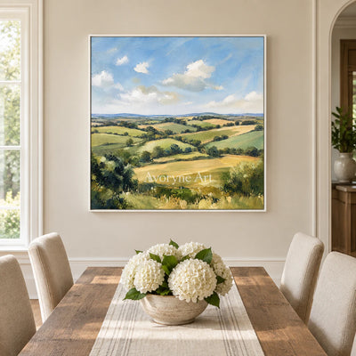 Summer Acre: Impressionist Green Landscape Wall Art — dining white