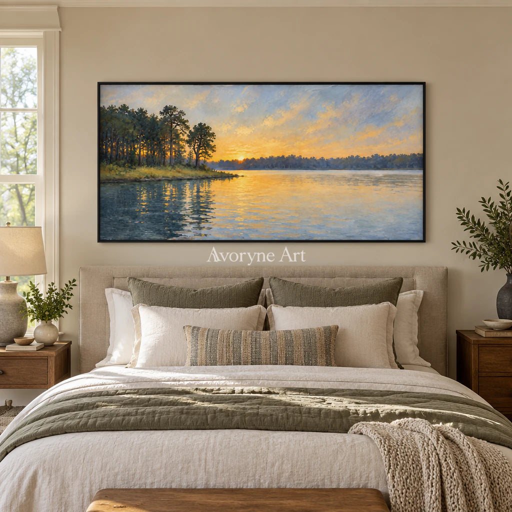 Amber Reach: Impressionist Lake Panorama Wall Art — bedroom black