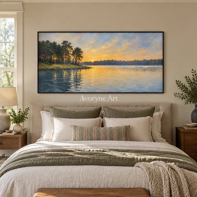 Amber Reach: Impressionist Lake Panorama Wall Art — bedroom black