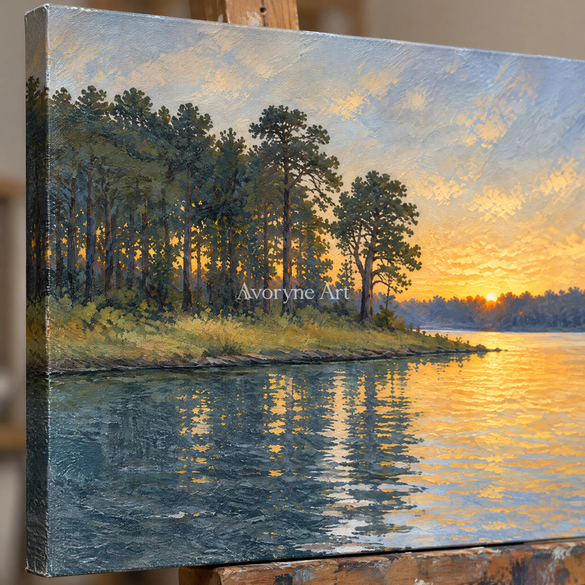 Amber Reach: Impressionist Lake Panorama Wall Art — detail easel